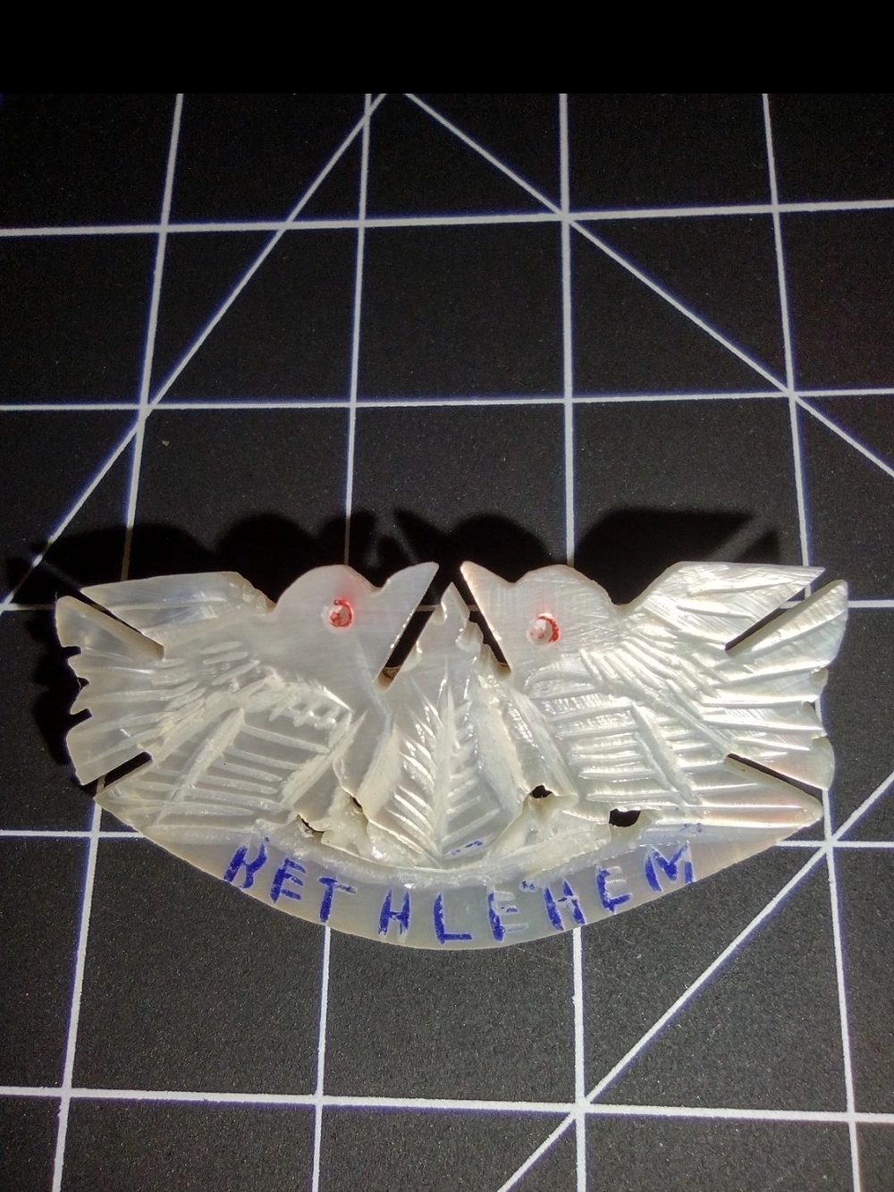 Vintage Bethlehem Stamped Carved Mother of Pearl Dove Pin Shell Brooch Holy Land